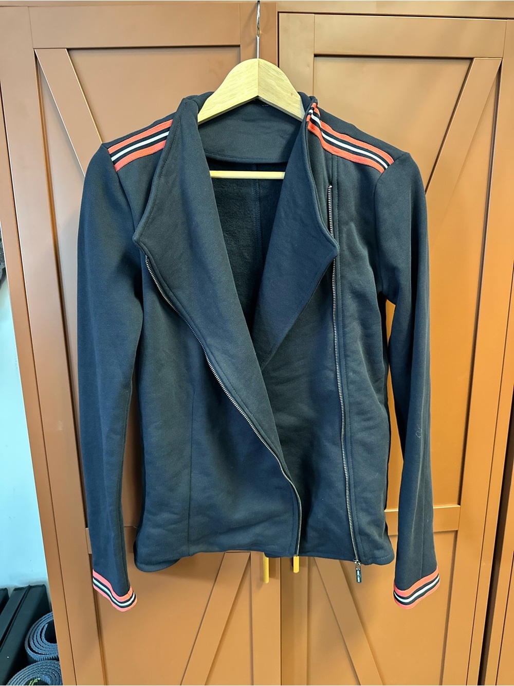 Saint + Sophia Women’s Navy Bomber Jacket with Red and White Stripe Accents